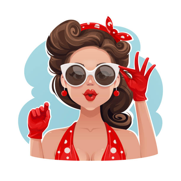 Pin-Up Girl Wearing Sunglasses Funny Pop Art Vector Portrait of a Pin-Up Beauty Wearing Red Gloves and Adjusting Her Retro Sunglasses. pin up girl stock illustrations