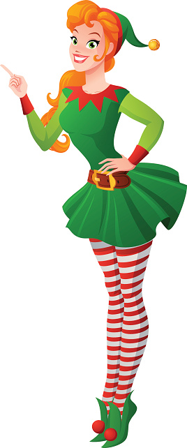 Pinup Vector Girl In Christmas Elf Costume Finger Pointing Up Stock ...