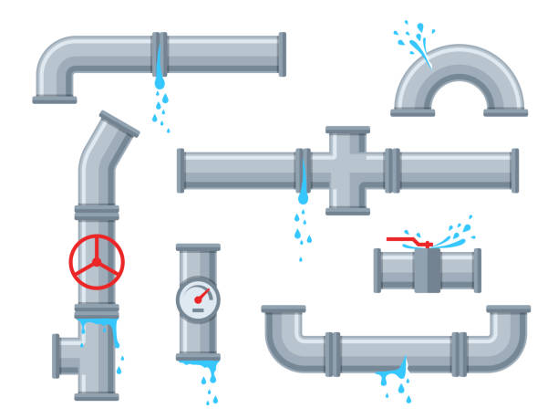 Pipe with leaking water. Broken pipes with leakage, plastic pipeline rupture. Dripping drain faucet, water supply problems vector set Pipe with leaking water. Broken pipes with leakage, plastic pipeline rupture. Dripping drain faucet, water supply problems vector brokenness piping design set Burst Pipe stock illustrations