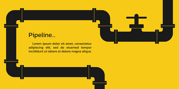 Pipeline background. Oil, water or gas pipe with valve. Plumbing system. Industrial, construction or technology business infographic. Vector illustration.