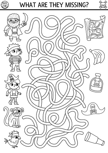 Pirate black and white maze for kids. Treasure hunt preschool printable activity with cute pirates, animals and their things. Sea adventures coloring labyrinth. What is missing worksheet