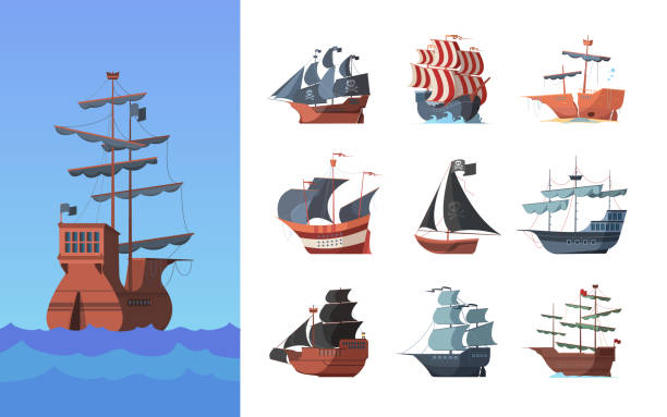 Pirate boats. Old shipping sails traditional vessel pirate symbols garish vector illustrations collection set Pirate boats. Old shipping sails traditional vessel pirate symbols garish vector illustrations collection set. Sea vessel boat, sailboat and old ship galleon stock illustrations