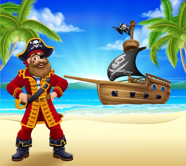 Pirate Captain Beach Ship Cartoon Background A pirate captain cartoon character on a tropical beach or island with a ship sailing in the background sword beach stock illustrations