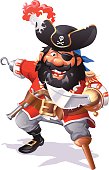 Illustration of a laughing pirate captain with a long black beard, an eye patch, a saber, a hook, a pistol and a peg leg, isolated on white. EPS 8, fully editable, grouped and labeled in layers.
