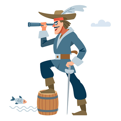 Pirate captain character with looking through a telescope and rejoices at the prey. Vector cartoon flat illustration