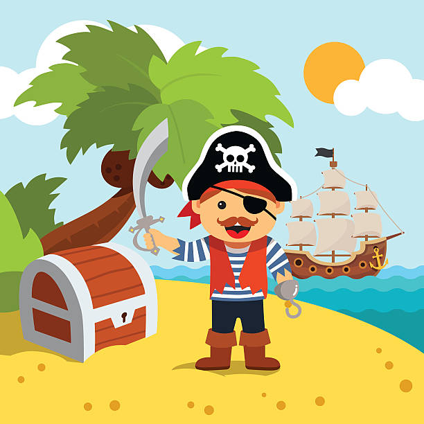 Pirate captain on island shore with treasure chest Pirate captain disembarked on a palm tree beach island shore to bury his treasure chest. Vector flat style isolated cartoon illustration. sword beach stock illustrations