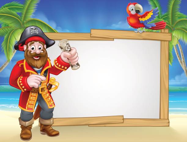 Pirate Cartoon Beach Sign Background Friendly pirate cartoon character tropical beach background with parrot, tropical palm trees, and large blank sign for your text sword beach stock illustrations