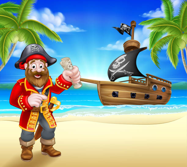 Pirate Cartoon Character on Beach A pirate cartoon character on a tropical beach or island with a pirate ship sailing in the background sword beach stock illustrations
