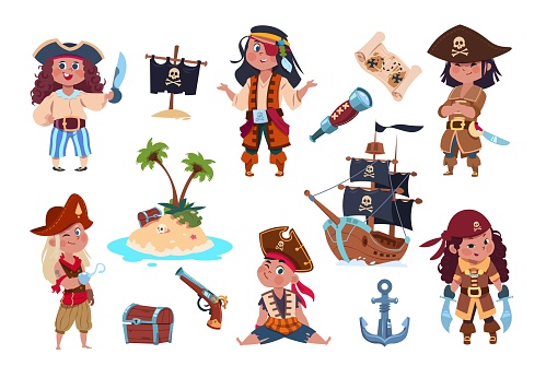 Pirate characters. Cartoon kids pirates, sailors and captain vector isolated set