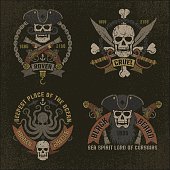 Pirate emblem in grunge style. Perfectly suited for print on T-shirts. Textures and text on separate layers.