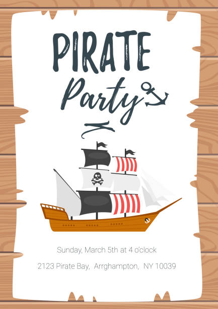 Pirate kid party poster template Vector cartoon style Pirate kid party poster template on torn paper with sailing ship. Wooden background. adventure borders stock illustrations
