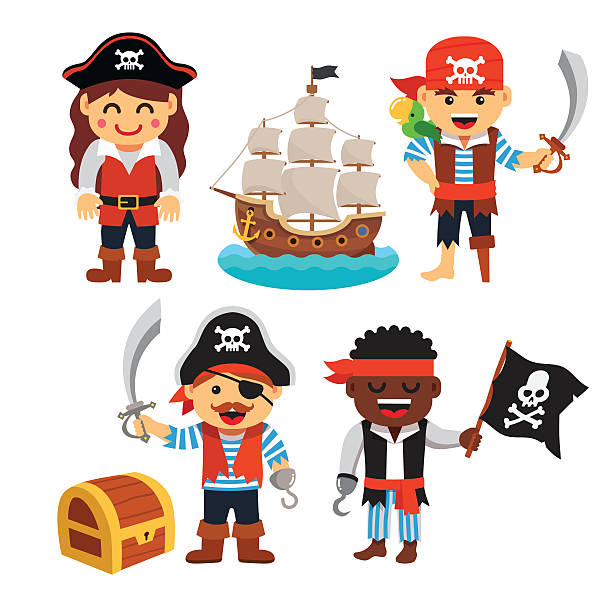 Pirate kids set: treasure chest, black flag, ship Pirate kids rascals, girls and boys, in hats and bandanas with treasure chest, black flag and ship. Flat style vector cartoon illustration isolated on white background. sword beach stock illustrations