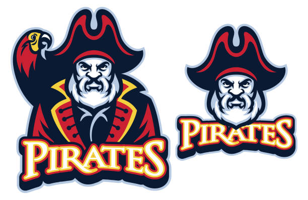 Pirate mascot with the parrot vector of Pirate mascot with the parrot sword beach stock illustrations
