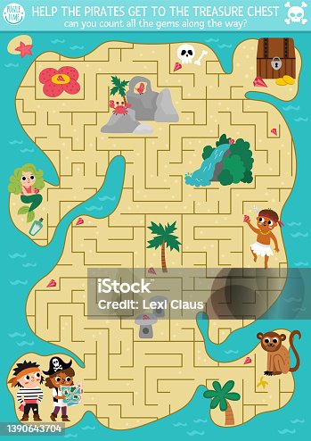 istock Pirate maze for kids with tropical treasure island and cute kid pirates. Treasure hunt preschool printable activity. Sea adventures labyrinth game or puzzle with chest, map, mermaid 1390643704