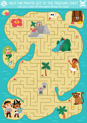 Pirate maze for kids with tropical treasure island and cute kid pirates. Treasure hunt preschool printable activity. Sea adventures labyrinth game or puzzle with chest, map, mermaid