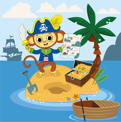 Pirate monkey found the treasure chest with his map on an island.