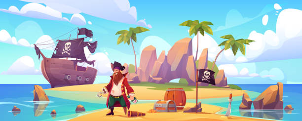 Pirate on island with treasure, filibuster captain Pirate on island with treasure, bearded smiling filibuster captain with hook hand and wooden leg prosthesis on tropical beach with palm tree and chest with gold near ship Cartoon vector illustration sword beach stock illustrations