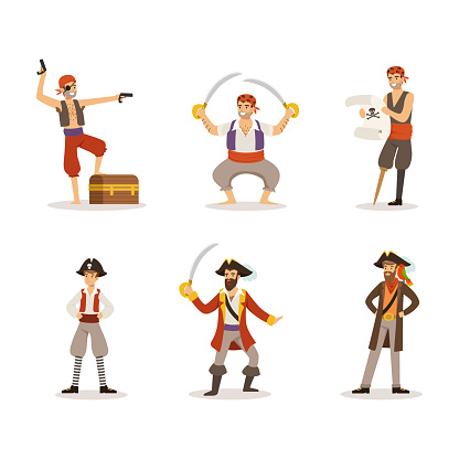 Pirate or Buccaneer with Captains and Crew Member Vector Set. Male Corsair Wearing Hat with Skull Engaged in Piracy and Sea Robbery Concept