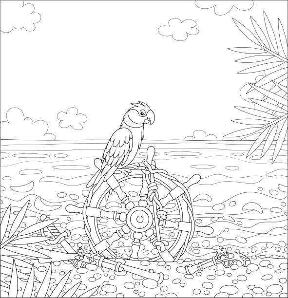Pirate parrot on an old ship steering-wheel Exotic bird perched on a wooden helm with a rope, a gun, a pistol and a saber of filibusters on a sandy beach of a desert island in a tropical sea on a sunny summer day, black and white vector cartoon illustration for a coloring book page sword beach stock illustrations