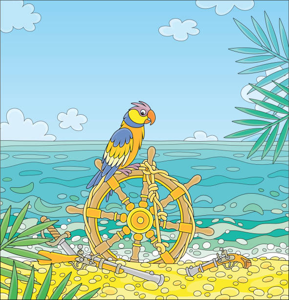 Pirate parrot on an old ship steering-wheel Colorful exotic bird perched on a wooden helm with a rope, a gun, a pistol and a saber of filibusters on a sandy beach of a desert island in a tropical sea on a sunny summer day, vector cartoon illustration sword beach stock illustrations