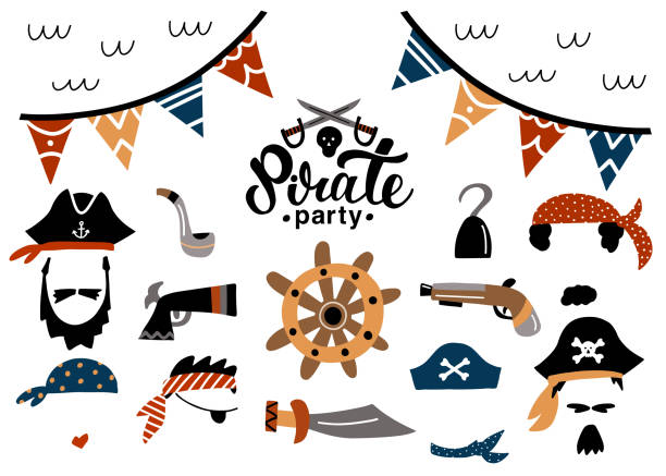 Pirate party elements collection Pirate party  photo booth props elements  set. Kids birthday party accessories: tricorn hat, beard, eye patch, mustache, pipe, guns, hook. For decoration, scrapbooking, party invitation. gun violence stock illustrations
