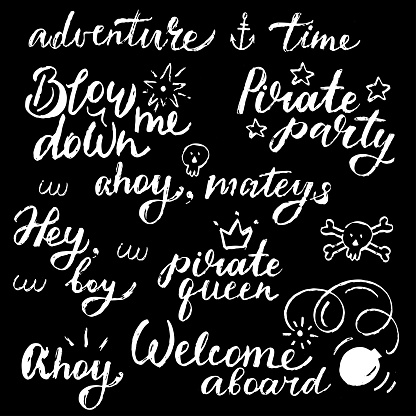 Pirate phrases set with lettering and hand drawn design elements