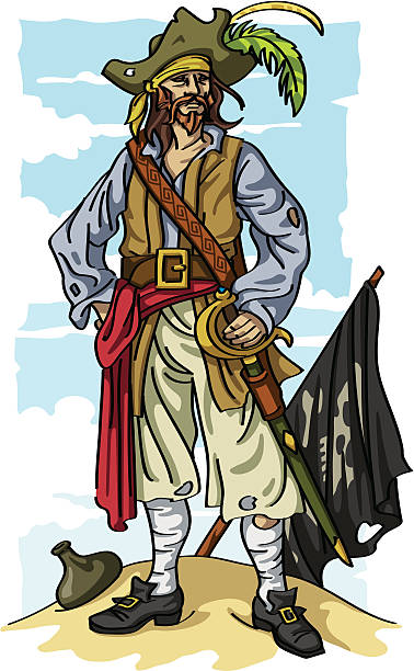 Pirate Rogue with Skull and Crossbones Flag Beautifully illustrated pirate rogue, colors separated by layers, easy to edit for personal customization. sword beach stock illustrations