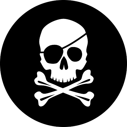 Vector illustration of a pirate skull and cross bones on a black circle background.