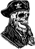 Pirate skull vector tattoo by hand drawing.Beautiful skull on white background.Black and white graphics design art highly detailed in line art style.