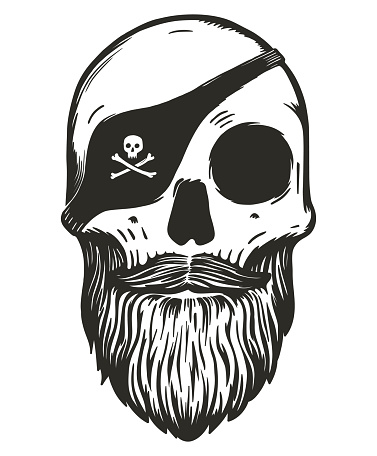 Pirate skull with beards and mustache wearing eye patch