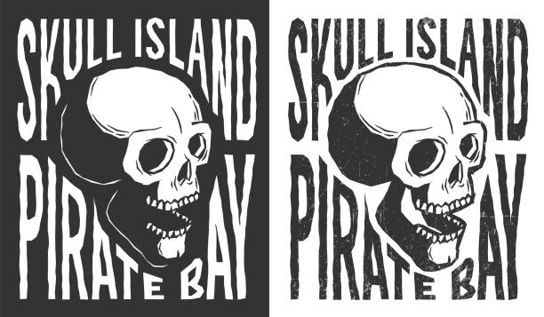 Pirate skull with lettering tattoo print in retro style Pirate skull with lettering tattoo print in retro style. Grunge distressed texture on a separate layer. skulls tattoos stock illustrations
