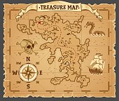 Pirate treasure map on ruined old parchment vector illustration. Antique paper with cross red mark, compass, banner ribbon and palm tree cartoon design. Medieval cartography concept