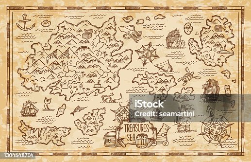 istock Pirate treasure map sketch with sea, islands, ship 1304648704
