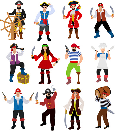 Pirate vector piratic character buccaneer man in pirating costume in hat with sword illustration set of piracy sailor person isolated on white background