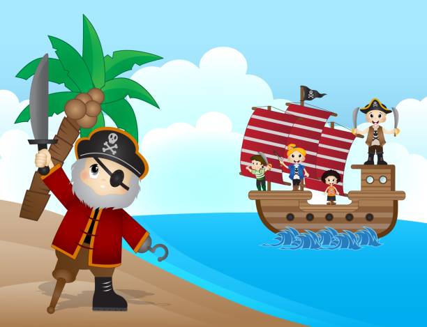 Pirates on beach Pirates on beach - full color sword beach stock illustrations