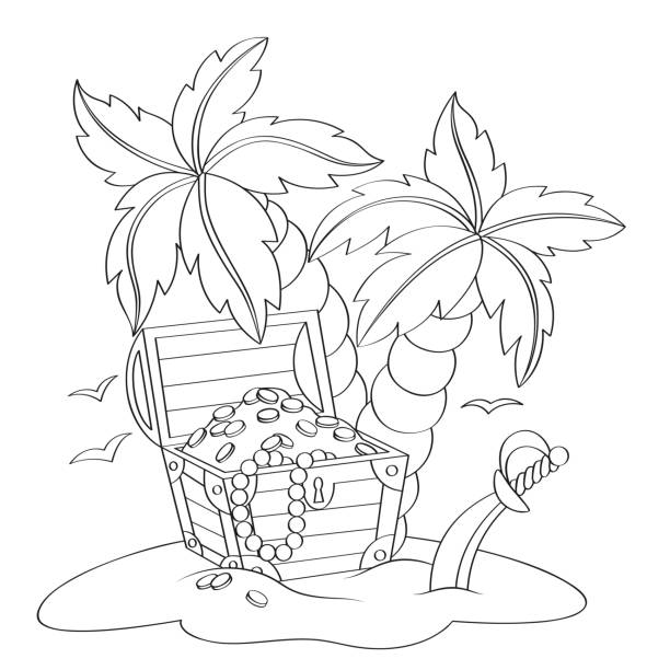 Pirate's treasure chest on deserted beach with palm trees. Black and white vector illustration for coloring book vector illustration sword beach stock illustrations
