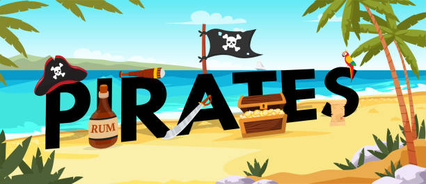 Pirates word concept flat vector banner Pirates word concept flat vector banner. Piracy attributes on island beach illustration. Black typography with rum, spyglass, chest and coins. Treasure searching game, quest, pirate party poster sword beach stock illustrations