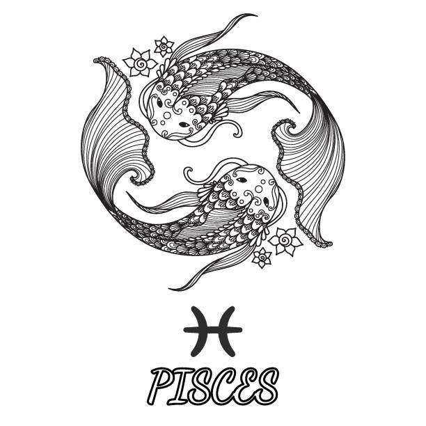 Pisces Line art design of pisces zodiac sign for design element and adult coloring book page. Vector illustration printable of fish drawing stock illustrations