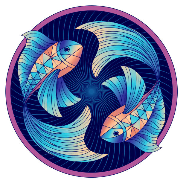 Pisces zodiac sign, horoscope symbol blue, vector Pisces zodiac sign, astrological, horoscope symbol. Futuristic style icon. Stylized graphic blue two fish swimming in a circle. The body  is decorated with the geometric pattern. Vector illustration. pisces stock illustrations