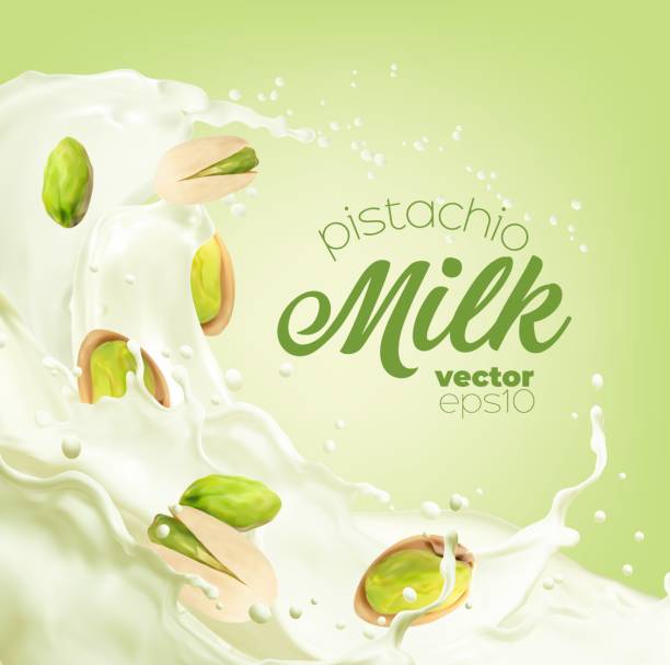 Pistachio milk splash and flow with nuts Pistachio milk splash and flow with nuts. Vector ad poster with healthy fresh drink swirl, peeled and unpeeled kernels flow in white liquid with drops and splatters. Vegan realistic 3d beverage smoothie backgrounds stock illustrations