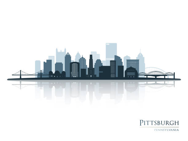 силуэт горизонта питтсбурга с отражением. пейзаж питтсбург, пенсильвания. векторная иллюстрация. - pittsburgh stock illustrations