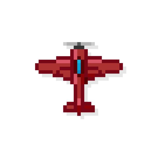 Pixel art 8 bit arcade fighter air plane red vector art illustration