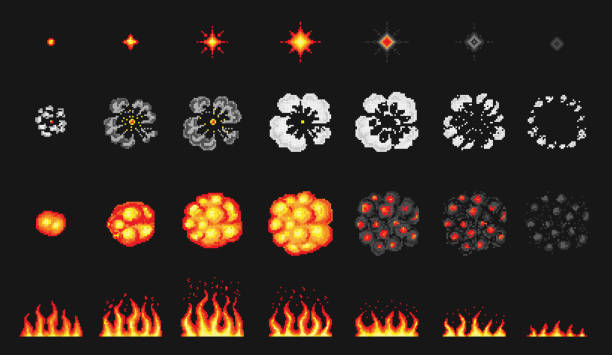Pixel art 8 bit fire objects. Nuclear explosion. Game icons set. Comic boom flame effects. Bang burst explode flash dynamite with smoke. Digital icons. Animation Process steps Nuclear explosion. Pixel art 8 bit fire objects. Game icons set. Comic boom flame effects. Bang burst explode flash dynamite with smoke. Lit match and bonfire. Digital icons. Animation Process steps digital animation stock illustrations