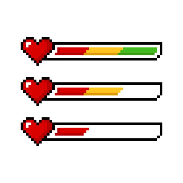 Pixel art 8 bit red yellow green health heart bar set - isolated vector illustration vector art illustration