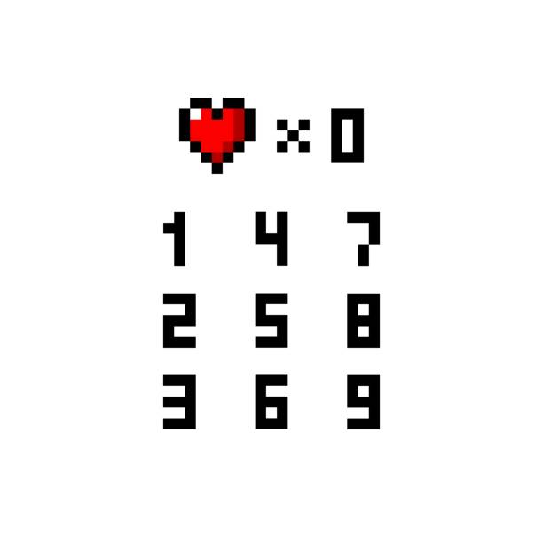 Pixel art 8-bit arcade heart life numbers font set - isolated vector illustration vector art illustration