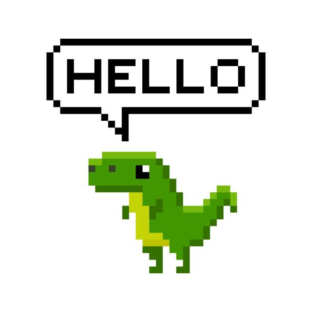 pixel-kunst 8-bit-cartoon-dinosaurier sagen hallo - fiktionale figur stock-grafiken, -clipart, -cartoons und -symbole
