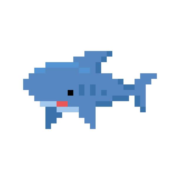 Pixel art 8-bit cartoon shark - isolated vector illustration vector art illustration