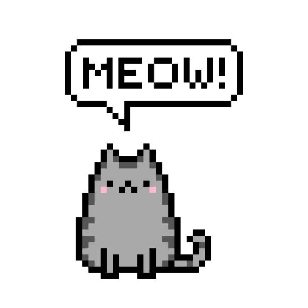 Pixel art 8-bit cute kitten domestic pet saying meow - isolated vector vector art illustration