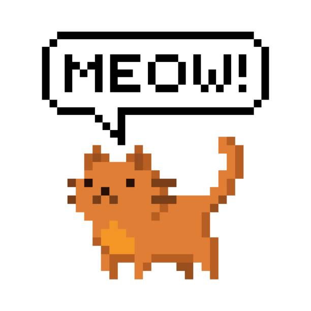 Pixel art 8-bit Cute red kitten domestic pet saying meow - isolated vector vector art illustration
