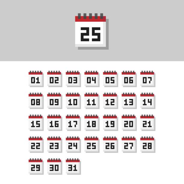 Pixel art 8-bit from 1 to 31 day month calendar icon set - isolated vector illustration vector art illustration